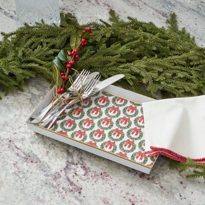 Holly Wreath Bow Red and Green Enameled Rectangle Vanity Tray for Bathroom, Vanity, Bedroom - Oliver Decorative Tray - Vanity Trays from Jaye's Studio