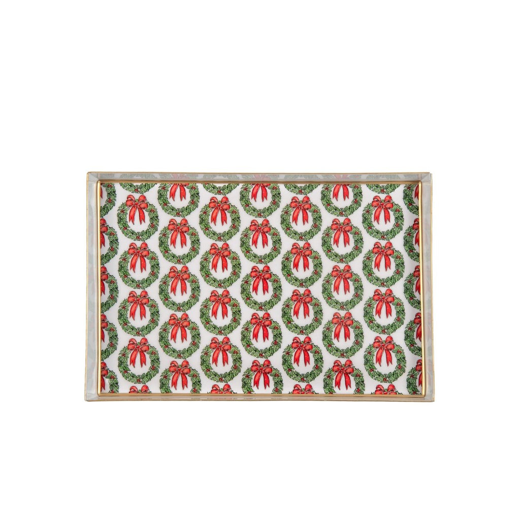 Holly Wreath Bow Red and Green Enameled Rectangle Vanity Tray for Bathroom, Vanity, Bedroom - Oliver Decorative Tray - Vanity Trays from Jaye's Studio