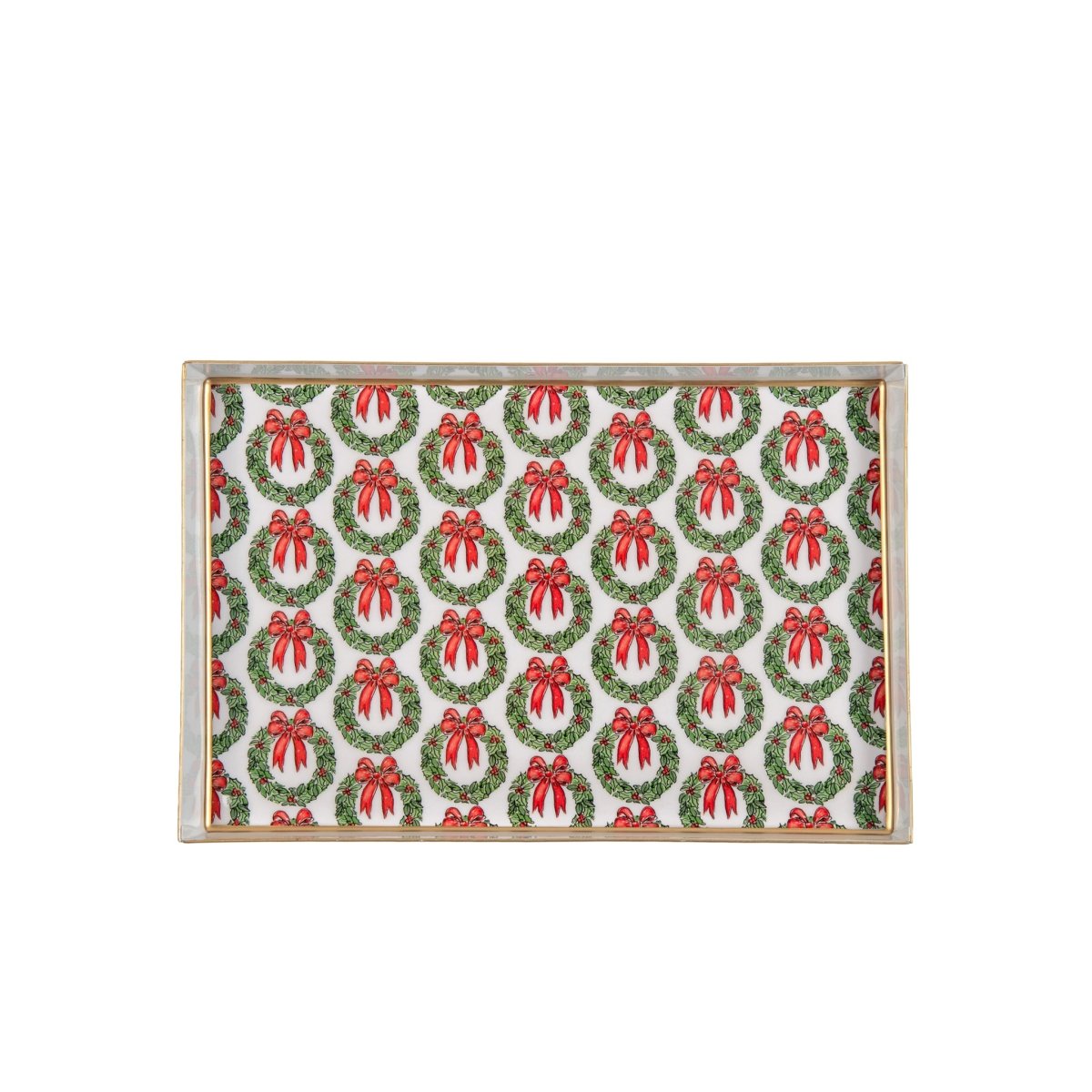 Holly Wreath Bow Red and Green Enameled Rectangle Vanity Tray for Bathroom, Vanity, Bedroom - Oliver Decorative Tray - Vanity Trays from Jaye's Studio