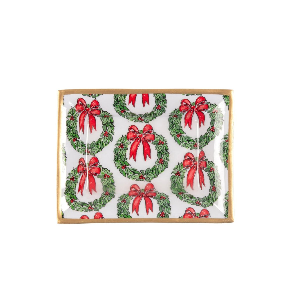 Holly Wreath Bow Red and Green Rectangle Catch All Tray, Jewelry Tray for Bathroom, Vanity - Decorative Landry Tray - Trinket Trays from Jaye's Studio