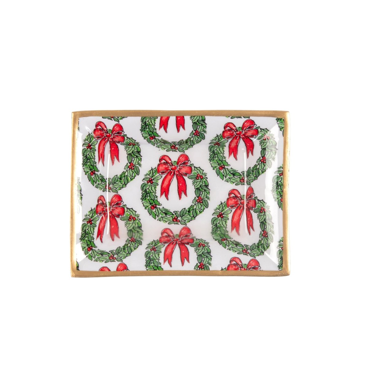 Holly Wreath Bow Red and Green Rectangle Catch All Tray, Jewelry Tray for Bathroom, Vanity - Decorative Landry Tray - Trinket Trays from Jaye's Studio