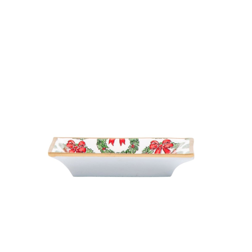 Holly Wreath Bow Red and Green Rectangle Catch All Tray, Jewelry Tray for Bathroom, Vanity - Decorative Landry Tray - Trinket Trays from Jaye's Studio
