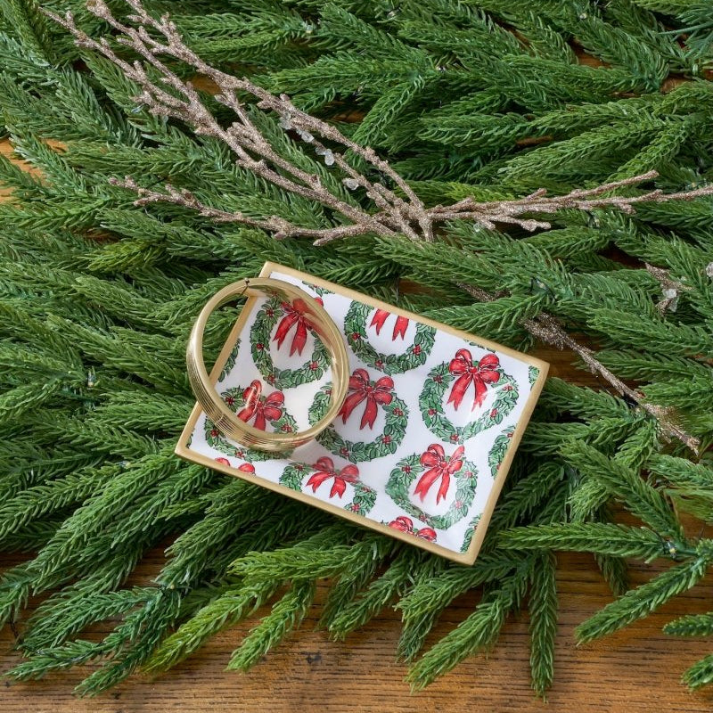 Holly Wreath Bow Red and Green Rectangle Catch All Tray, Jewelry Tray for Bathroom, Vanity - Decorative Landry Tray - Trinket Trays from Jaye's Studio
