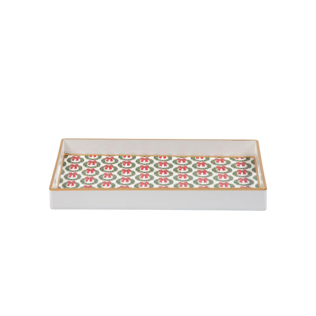 Holly Wreath Bow Red and Green Rectangle Decorative Serving Tray - for Kitchen, Barware, Vanity - Serving Trays from Jaye's Studio
