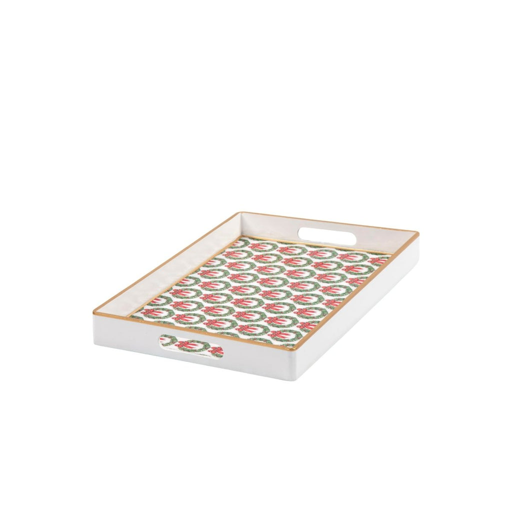 Holly Wreath Bow Red and Green Rectangle Decorative Serving Tray - for Kitchen, Barware, Vanity - Serving Trays from Jaye's Studio
