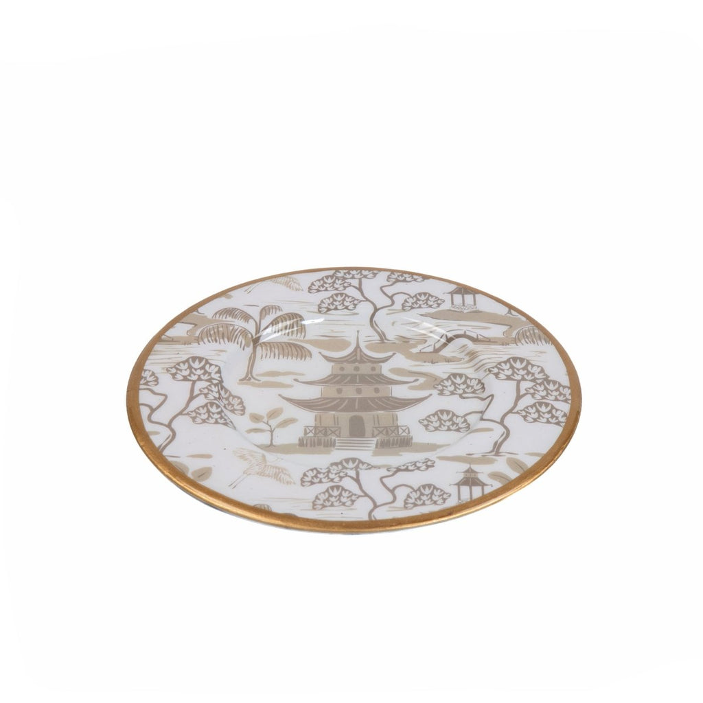 Kyoto Pagoda White and Taupe Round Dessert and Appetizer Plate for Entertaining Serving, Dinnerware (4pk) - Decorative Plates from Jaye's Studio