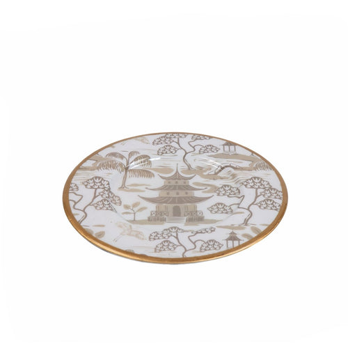 Kyoto Pagoda White and Taupe Round Dessert and Appetizer Plate for Entertaining Serving, Dinnerware (4pk) - Decorative Plates from Jaye's Studio