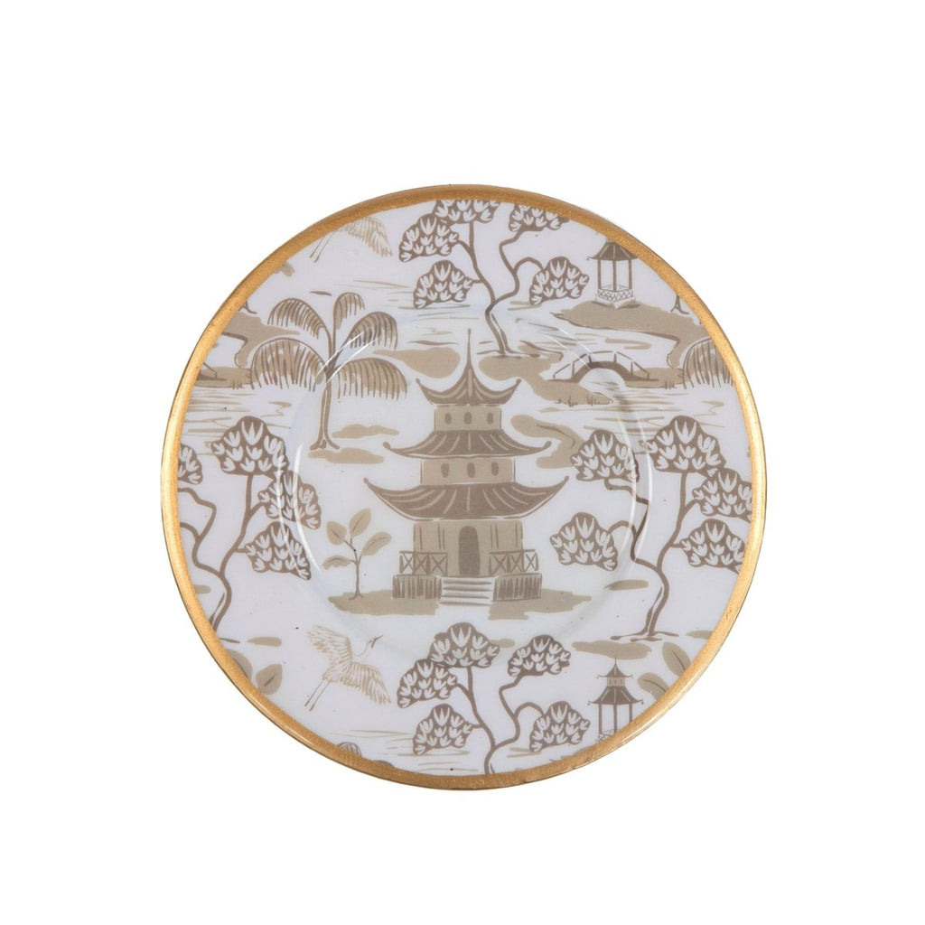 Kyoto Pagoda White and Taupe Round Dessert and Appetizer Plate for Entertaining Serving, Dinnerware (4pk) - Decorative Plates from Jaye's Studio