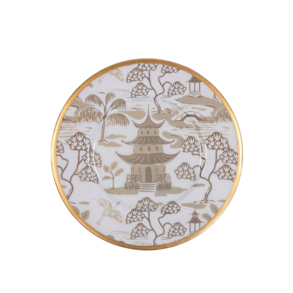 Kyoto Pagoda White and Taupe Round Dessert and Appetizer Plate for Entertaining Serving, Dinnerware (4pk) - Decorative Plates from Jaye's Studio