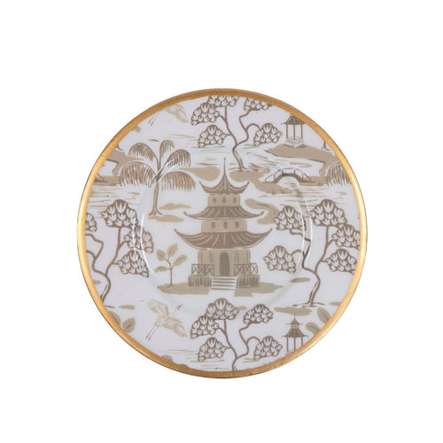 Kyoto Pagoda White and Taupe Round Dessert and Appetizer Plate for Entertaining Serving, Dinnerware (4pk) - Decorative Plates from Jaye's Studio