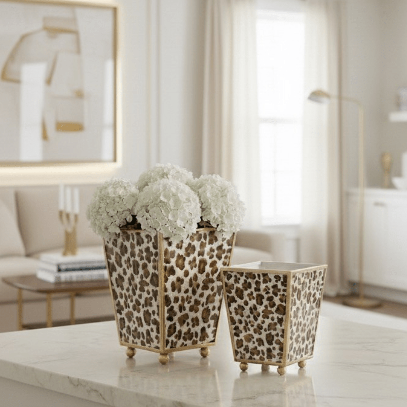Leopard Cream Enameled Green Square Metal Cachepot Planter for Bedroom, Office, Kitchen, Living Room - Hostess Gifts - Cachepots from Jaye's Studio