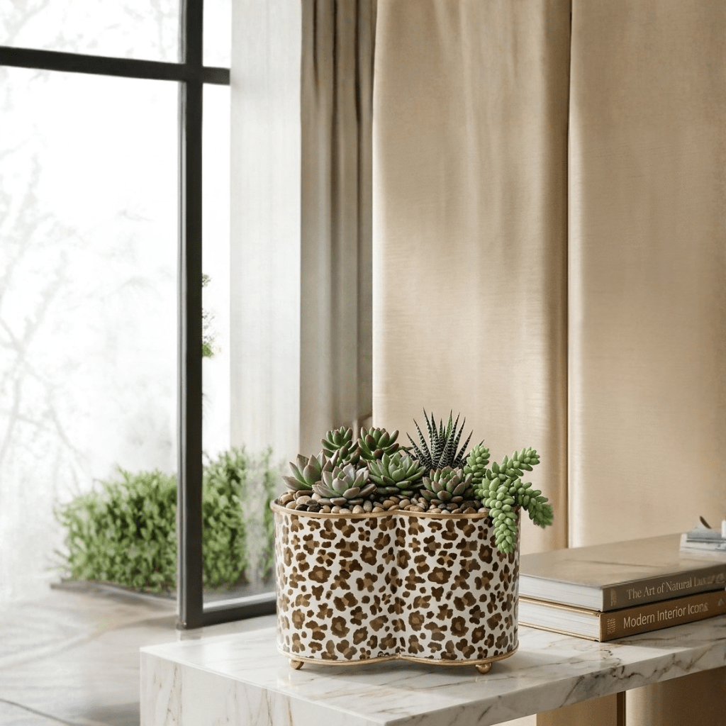 Leopard Cream Quatrefoil Metal Cachepot Planter For Bedroom, Office, Kitchen and Living Room - Cachepots from Jaye's Studio