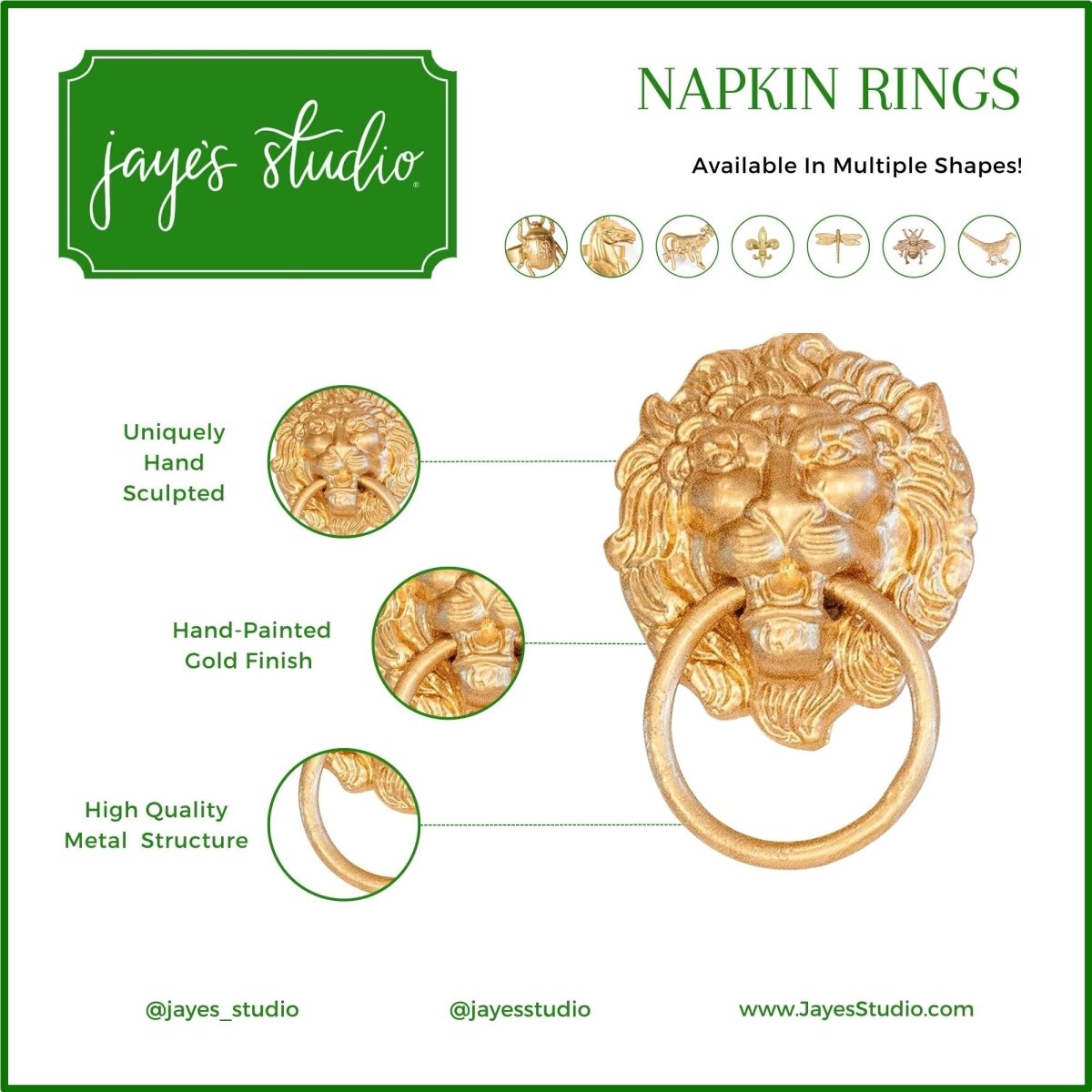 Lion Gold Napkin Rings for Dinnerware, Place Settings, Entertaining (4pk) - Avail 02/22 - Napkin Rings from Jaye's Studio
