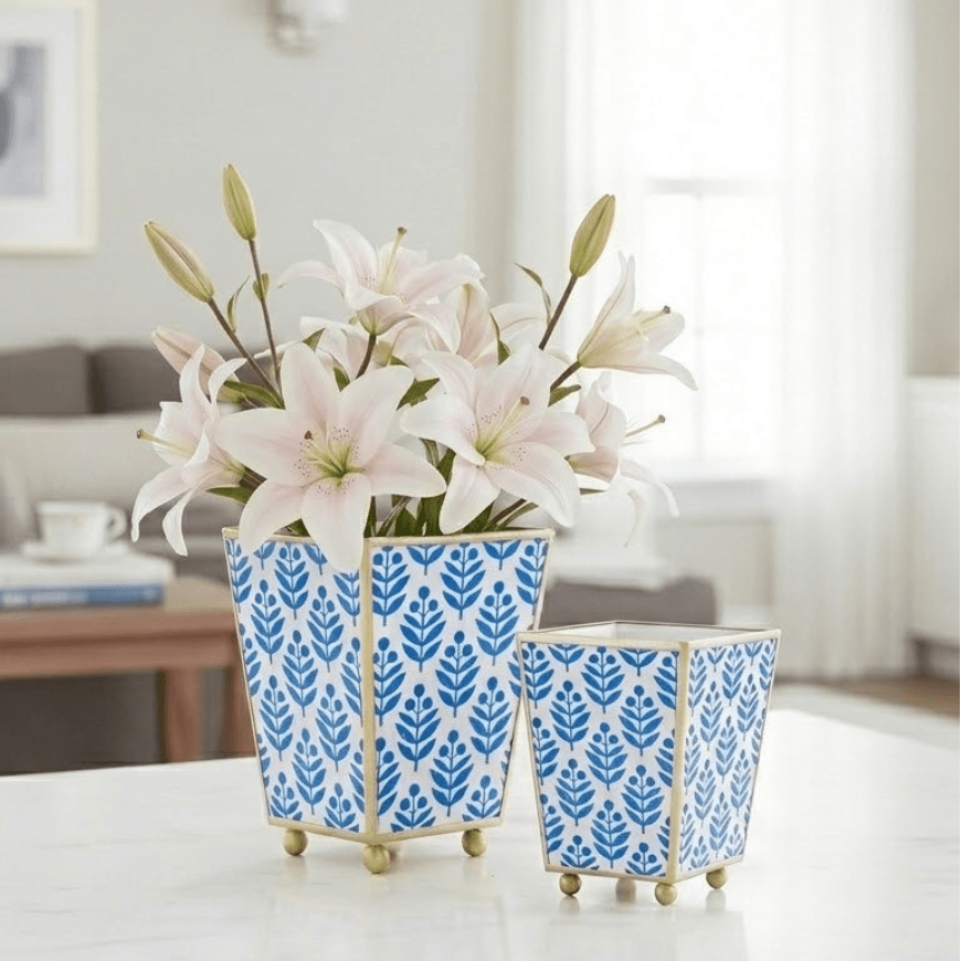 Lottie Enameled Blue Square Metal Cachepot Planter for Bedroom, Home Office, Kitchen, Living Room - Cachepots from Jaye's Studio