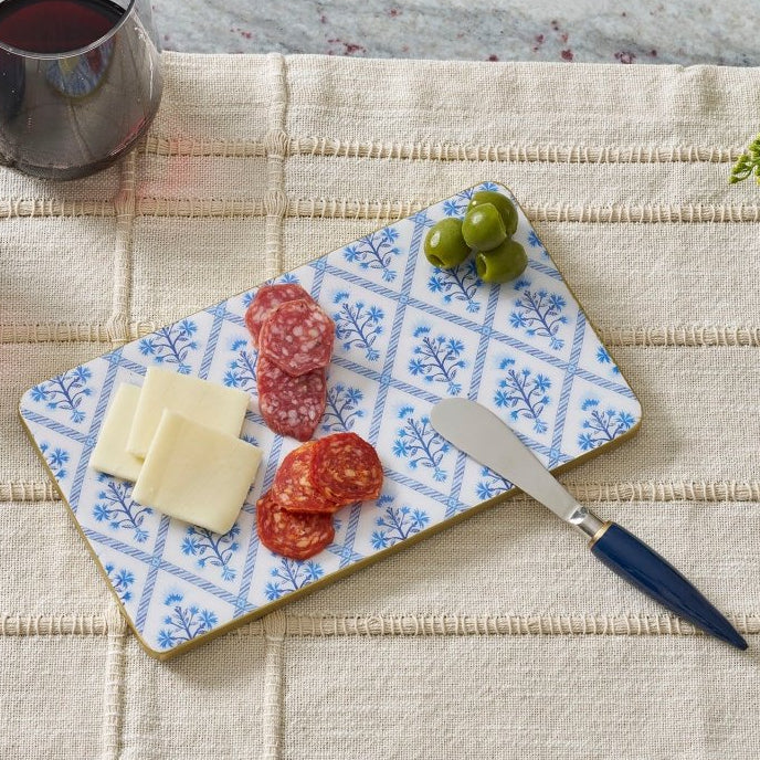 Marigold Lattice Amelia Enameled Blue Charcuterie Board, Wooden Cutting Board, Chopping Board for Serving, Food & Meat Prep - Cutting Board from Jaye's Studio