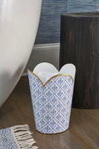 Marigold Lattice Blue Enameled Bathroom Trash Can, Wastebasket, Dustbin for Bedroom, Home Office, Vanity - Tulip Shape without Lid - Avail 04/18 - Wastebaskets from Jaye's Studio