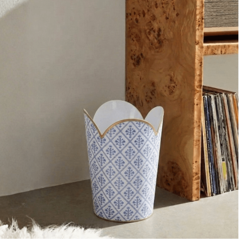 Marigold Lattice Blue Enameled Bathroom Trash Can, Wastebasket, Dustbin for Bedroom, Home Office, Vanity - Tulip Shape without Lid - Avail 04/18 - Wastebaskets from Jaye's Studio