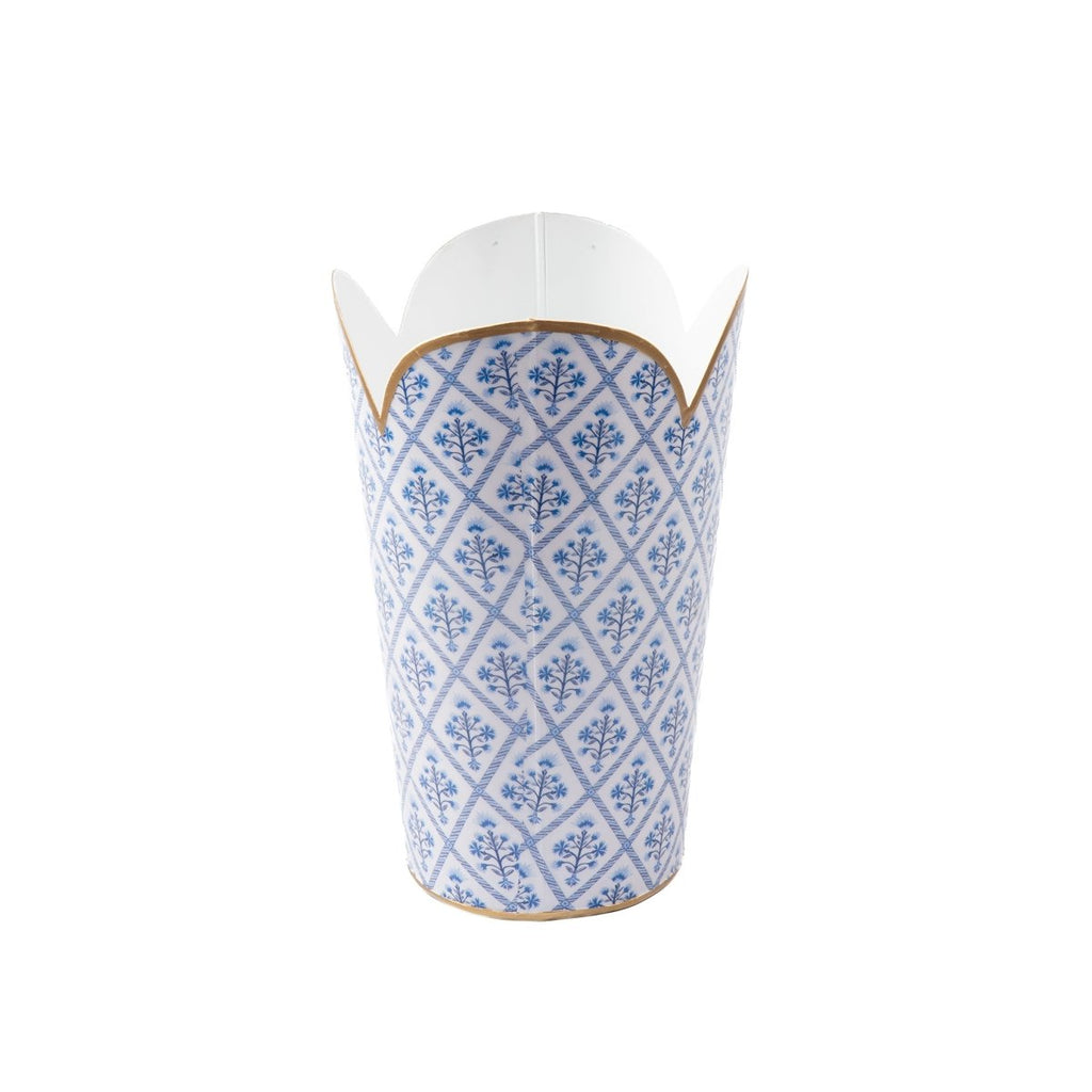 Marigold Lattice Blue Enameled Bathroom Trash Can, Wastebasket, Dustbin for Bedroom, Home Office, Vanity - Tulip Shape without Lid - Wastebaskets from Jaye's Studio
