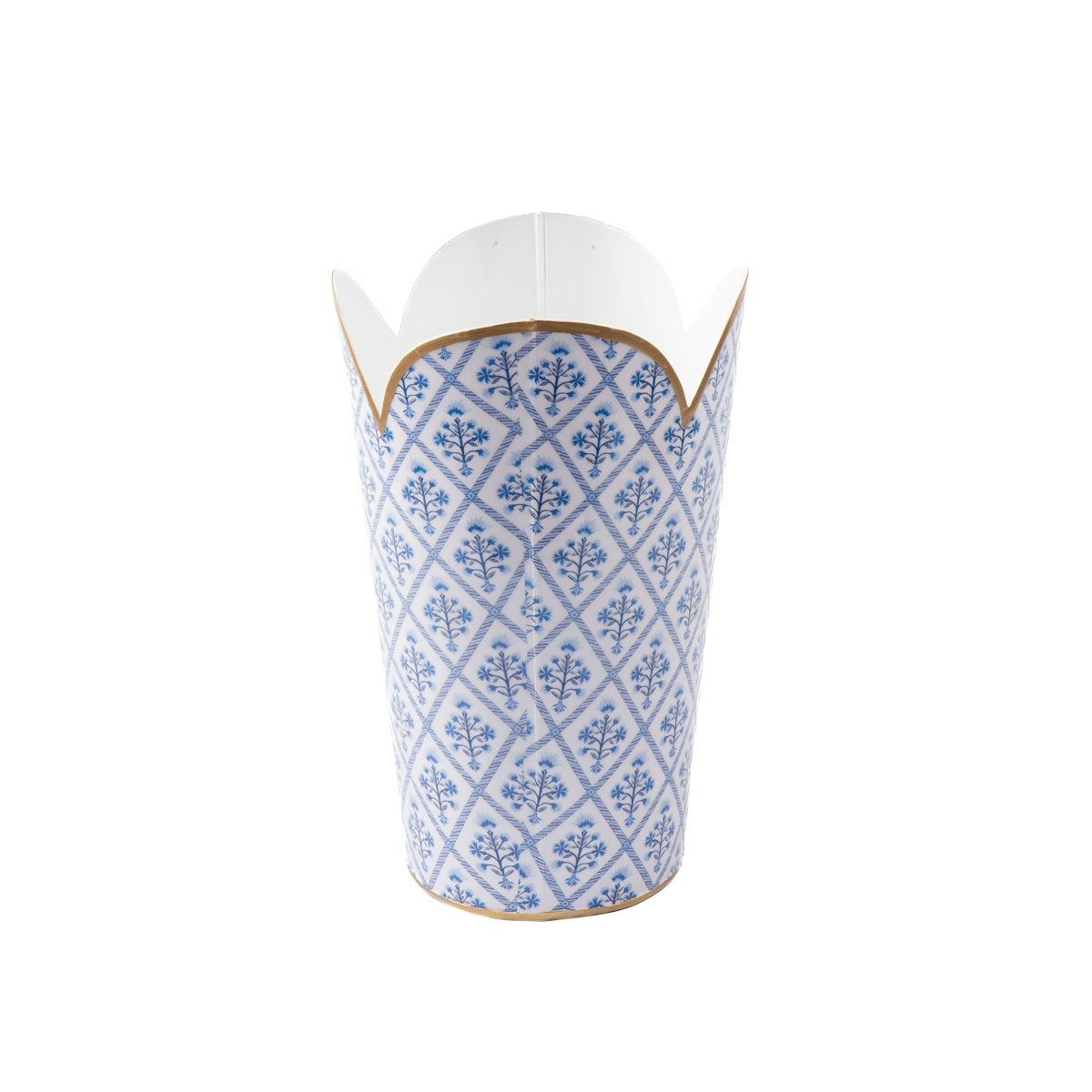 Marigold Lattice Blue Enameled Bathroom Trash Can, Wastebasket, Dustbin for Bedroom, Home Office, Vanity - Tulip Shape without Lid - Wastebaskets from Jaye's Studio
