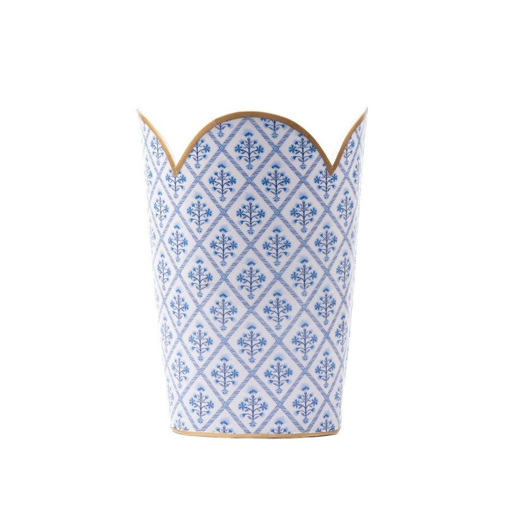 Marigold Lattice Blue Enameled Bathroom Trash Can, Wastebasket, Dustbin for Bedroom, Home Office, Vanity - Tulip Shape without Lid - Wastebaskets from Jaye's Studio