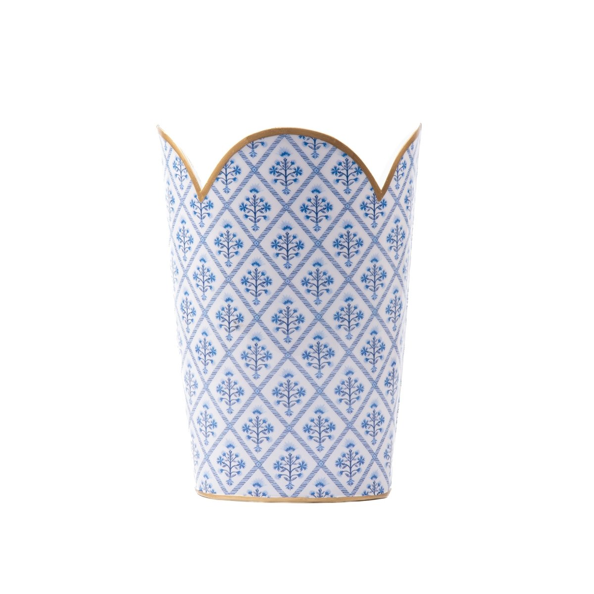 Marigold Lattice Blue Enameled Bathroom Trash Can, Wastebasket, Dustbin for Bedroom, Home Office, Vanity - Tulip Shape without Lid - Wastebaskets from Jaye's Studio