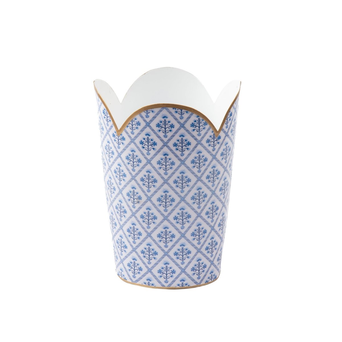 Marigold Lattice Blue Enameled Bathroom Trash Can, Wastebasket, Dustbin for Bedroom, Home Office, Vanity - Tulip Shape without Lid - Wastebaskets from Jaye's Studio
