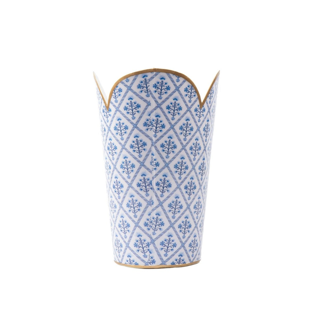 Marigold Lattice Blue Enameled Bathroom Trash Can, Wastebasket, Dustbin for Bedroom, Home Office, Vanity - Tulip Shape without Lid - Wastebaskets from Jaye's Studio