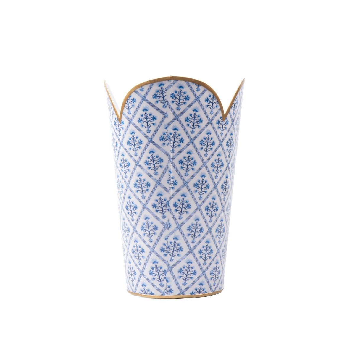 Marigold Lattice Blue Enameled Bathroom Trash Can, Wastebasket, Dustbin for Bedroom, Home Office, Vanity - Tulip Shape without Lid - Wastebaskets from Jaye's Studio