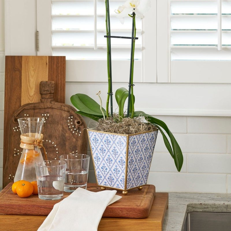 Marigold Lattice Enameled Blue Square Metal Cachepot Planter for Bedroom, Home Office, Kitchen, Living Room - Cachepots from Jaye's Studio