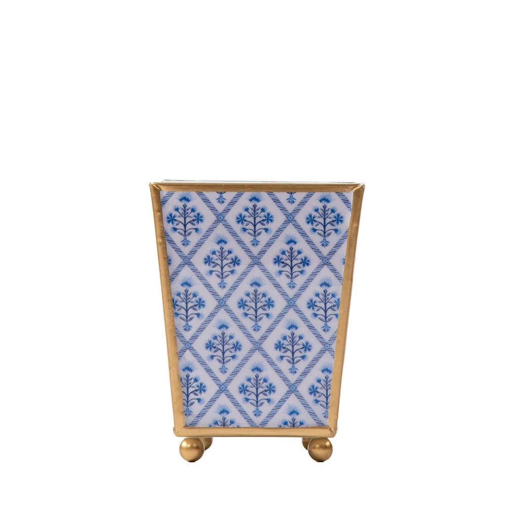 Marigold Lattice Enameled Blue Square Metal Cachepot Planter for Bedroom, Home Office, Kitchen, Living Room - Cachepots from Jaye's Studio