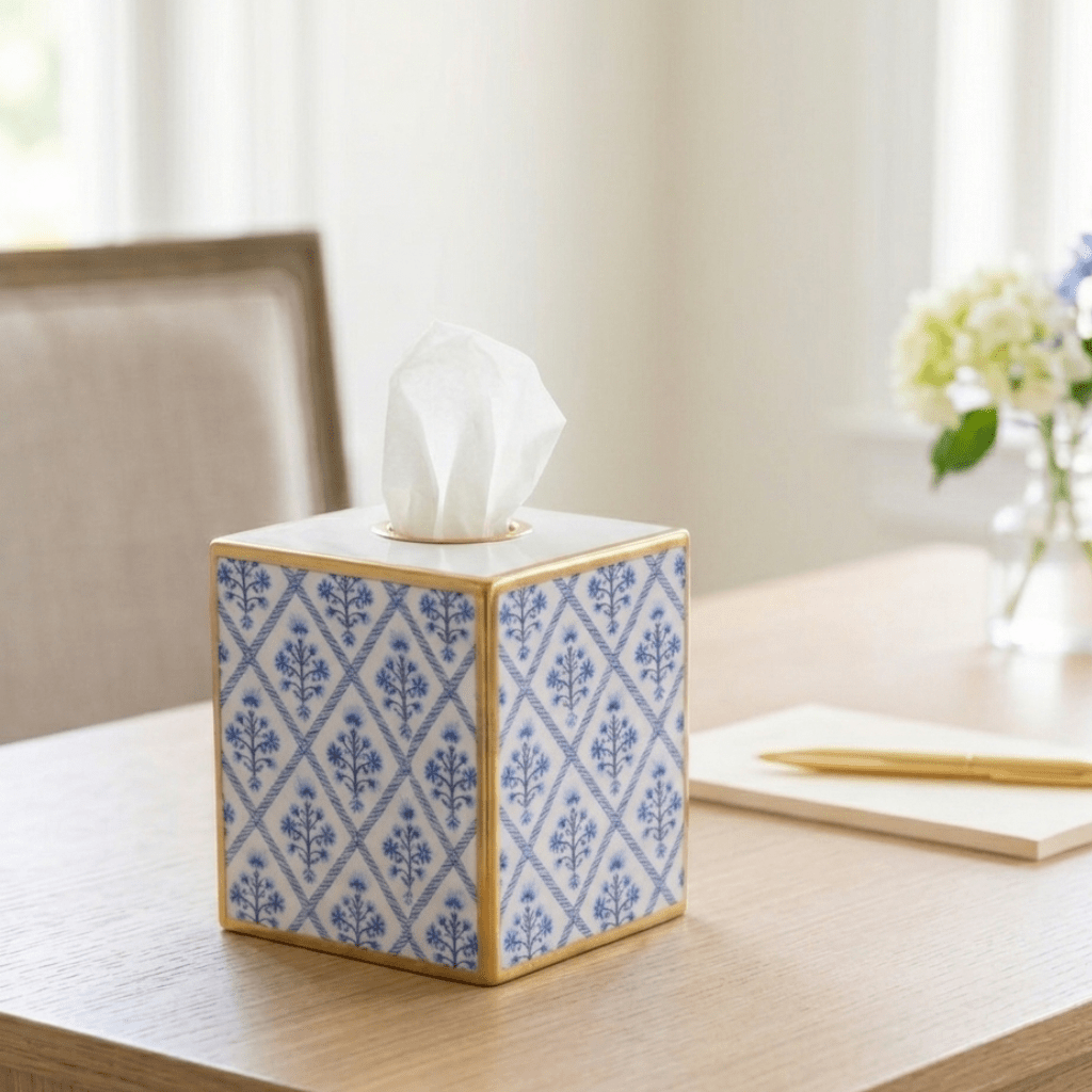 Marigold Lattice Enameled Blue Square Metal Tissue Box Cover for Bathroom, Vanity, Bedroom, Home Office - Avail 05/12 - Tissue Box Cover from Jaye's Studio
