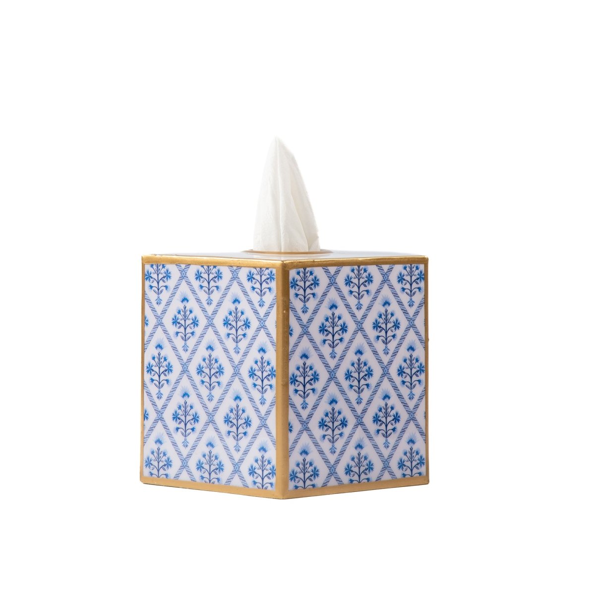 Marigold Lattice Enameled Blue Square Metal Tissue Box Cover for Bathroom, Vanity, Bedroom, Home Office - Tissue Box Cover from Jaye's Studio