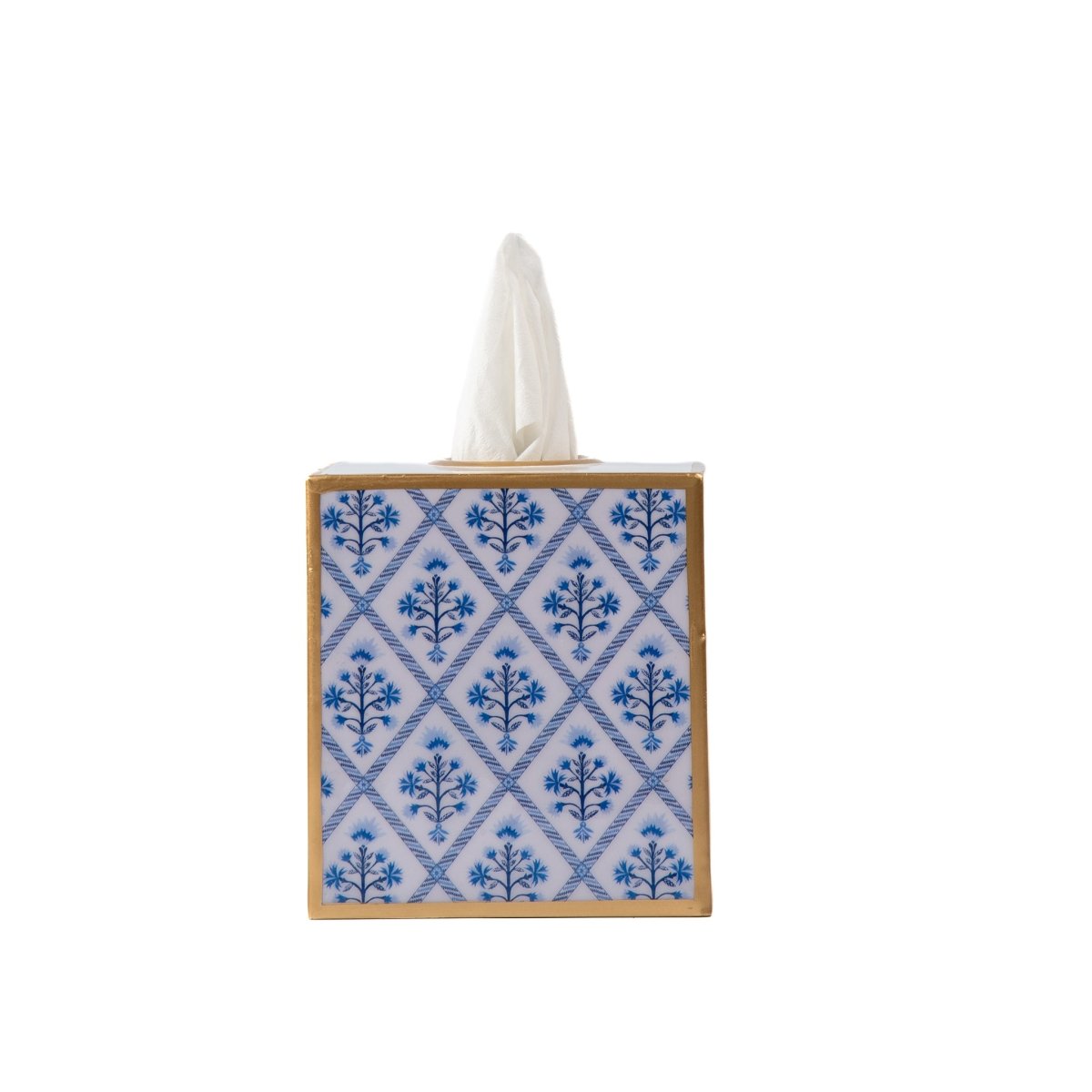 Marigold Lattice Enameled Blue Square Metal Tissue Box Cover for Bathroom, Vanity, Bedroom, Home Office - Tissue Box Cover from Jaye's Studio