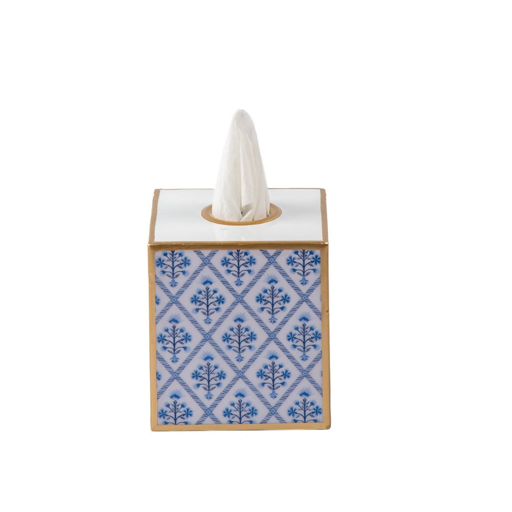 Marigold Lattice Enameled Blue Square Metal Tissue Box Cover for Bathroom, Vanity, Bedroom, Home Office - Tissue Box Cover from Jaye's Studio