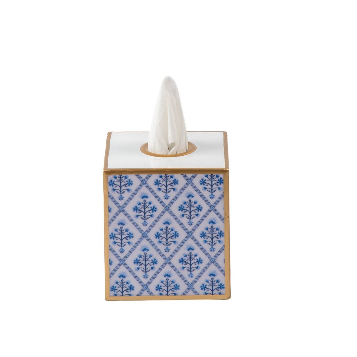 Marigold Lattice Enameled Blue Square Metal Tissue Box Cover for Bathroom, Vanity, Bedroom, Home Office - Tissue Box Cover from Jaye's Studio