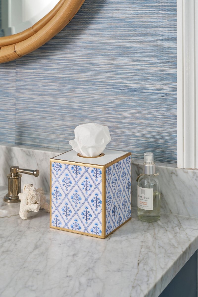 Marigold Lattice Enameled Blue Square Metal Tissue Box Cover for Bathroom, Vanity, Bedroom, Home Office - Tissue Box Cover from Jaye's Studio