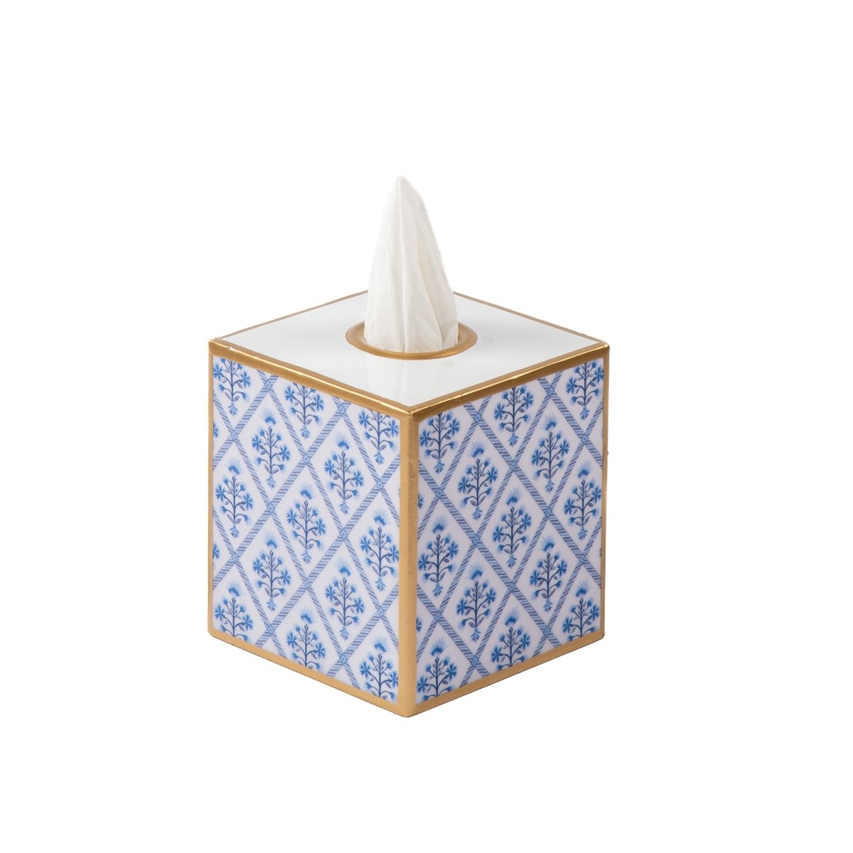 Marigold Lattice Enameled Blue Square Metal Tissue Box Cover for Bathroom, Vanity, Bedroom, Home Office - Tissue Box Cover from Jaye's Studio