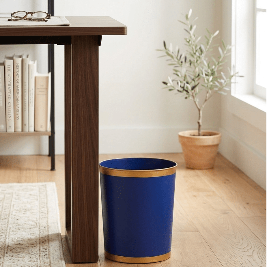 Mattie Blue Oval Metal Garbage Can, Wastebasket, Bathroom Trash Can for Home Office, Bedroom, Vanity - Oval without Lid - Wastebaskets from Jaye's Studio