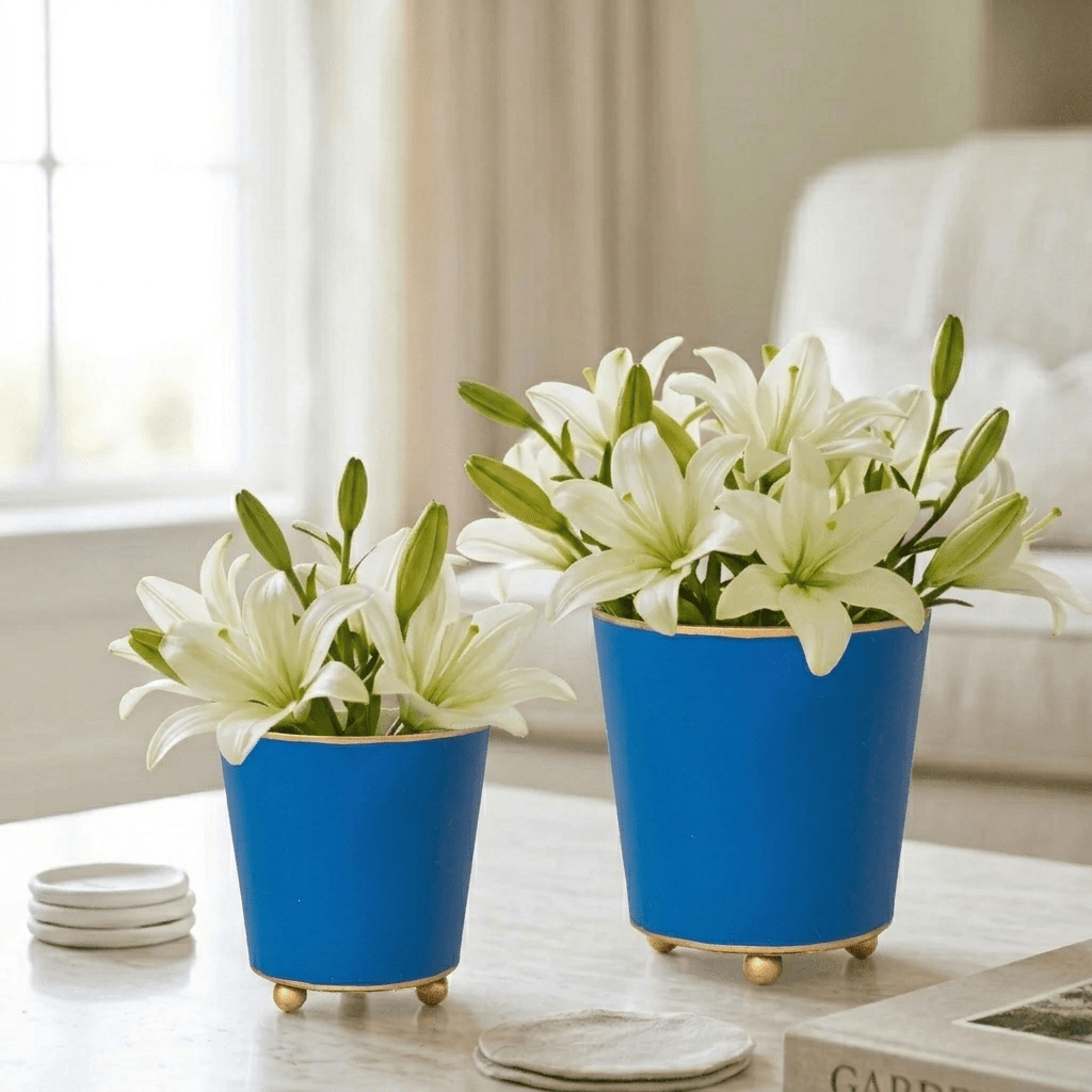 Mattie Blue Round Metal Cachepot Planter For Bedroom, Office, Kitchen, Living Room - Cachepots from Jaye's Studio