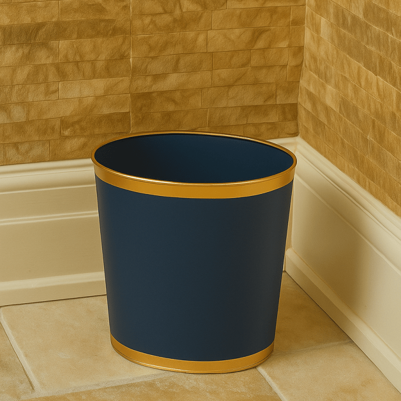 Mattie Indigo Blue Oval Metal Garbage Can, Wastebasket, Bathroom Trash Can for Home Office, Bedroom, Vanity - Oval without Lid - Wastebaskets from Jaye's Studio
