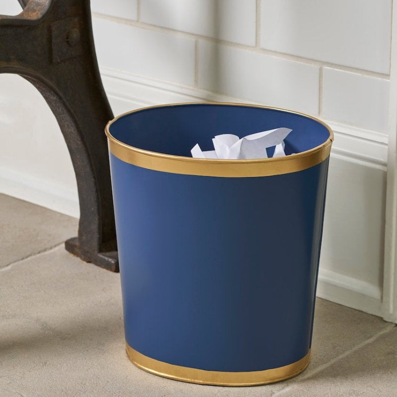 Mattie Indigo Blue Oval Metal Garbage Can, Wastebasket, Bathroom Trash Can for Home Office, Bedroom, Vanity - Oval without Lid - Wastebaskets from Jaye's Studio