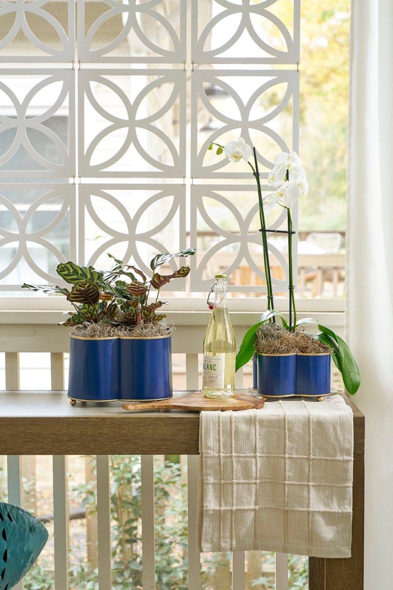 Mattie Indigo Blue Quatrefoil Metal Cachepot Planter For Bedroom, Office, Kitchen and Living Room - Cachepots from Jaye's Studio