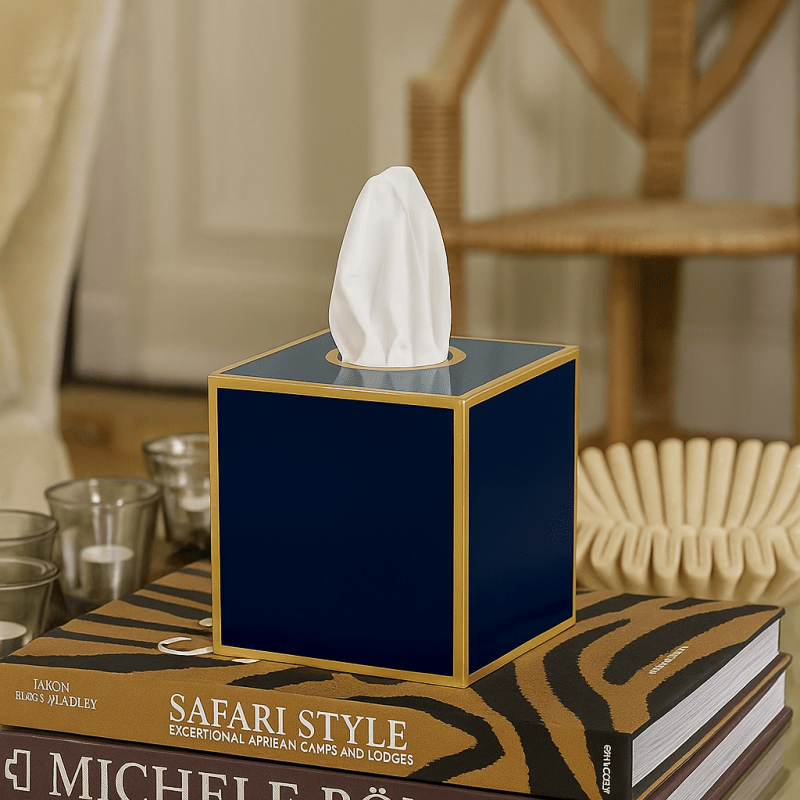 Mattie Indigo Blue Square Metal Tissue Box Cover for Bathroom, Vanity, Bedroom, Home Office - Tissue Box Cover from Jaye's Studio