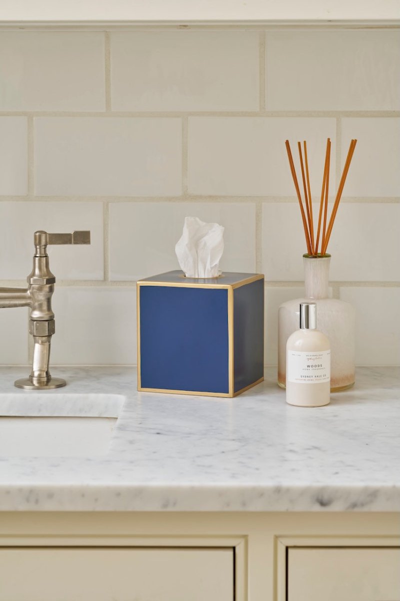 Mattie Indigo Blue Square Metal Tissue Box Cover for Bathroom, Vanity, Bedroom, Home Office - Tissue Box Cover from Jaye's Studio
