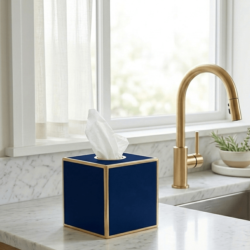 Mattie Indigo Blue Square Metal Tissue Box Cover for Bathroom, Vanity, Bedroom, Home Office - Tissue Box Cover from Jaye's Studio