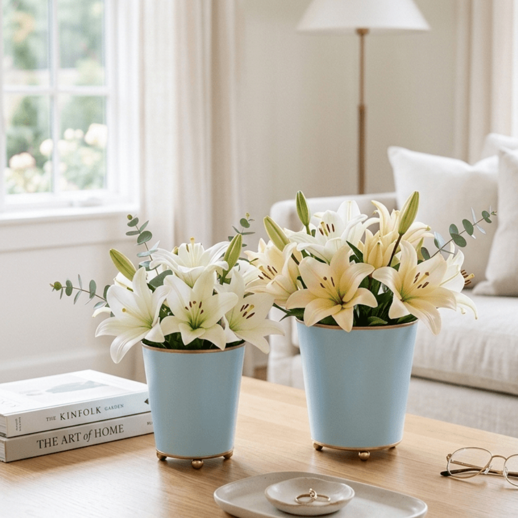 Mattie Light Blue Round Metal Cachepot For Bedroom, Office, Kitchen, Living Room - Avail 03/20 - Cachepots from Jaye's Studio
