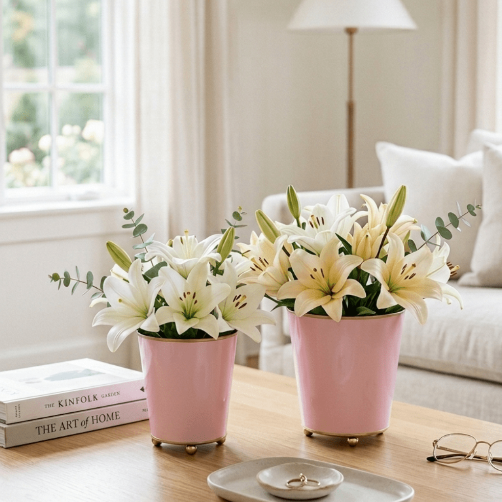 Mattie Light Pink Round Metal Cachepot For Bedroom, Office, Kitchen, Living Room - Cachepots from Jaye's Studio