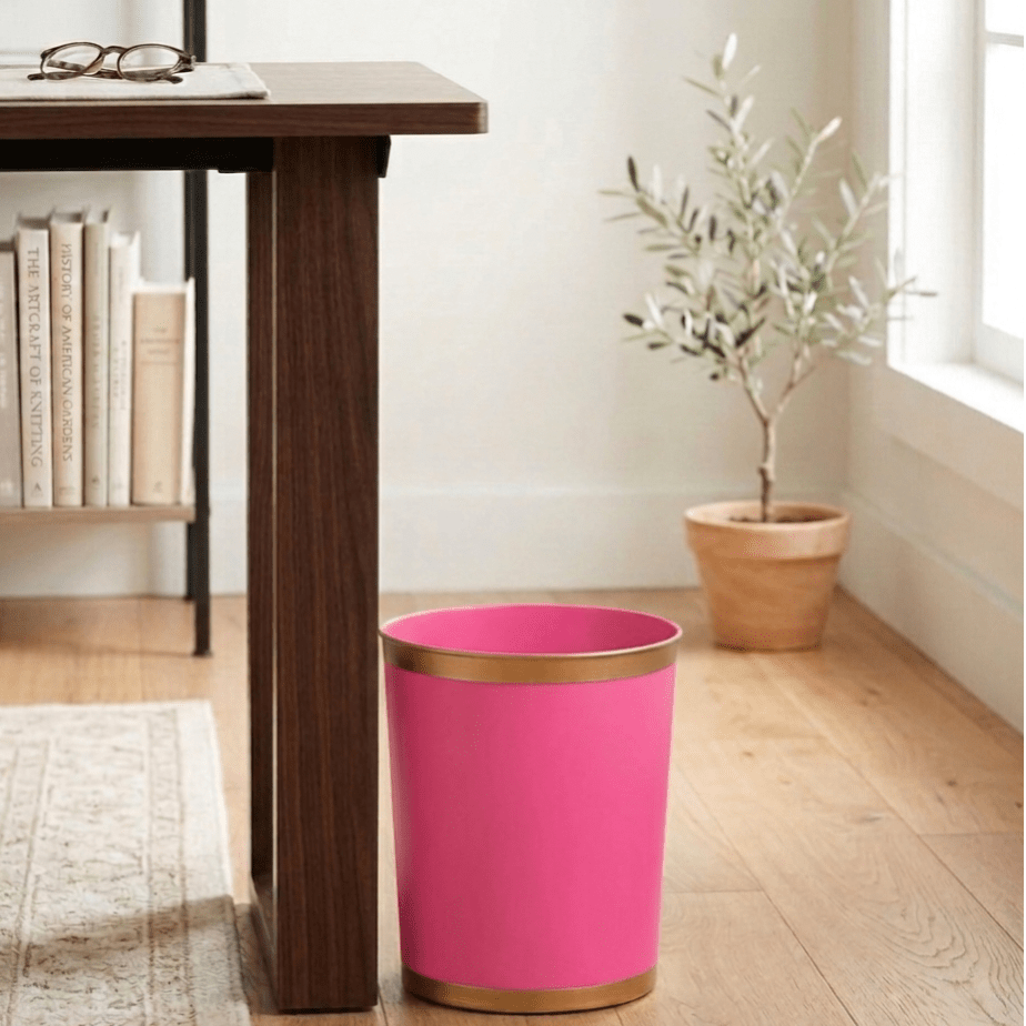 Mattie Pink Oval Metal Garbage Can, Wastebasket, Bathroom Trash Can for Home Office, Bedroom, Vanity - Oval without Lid - Wastebaskets from Jaye's Studio