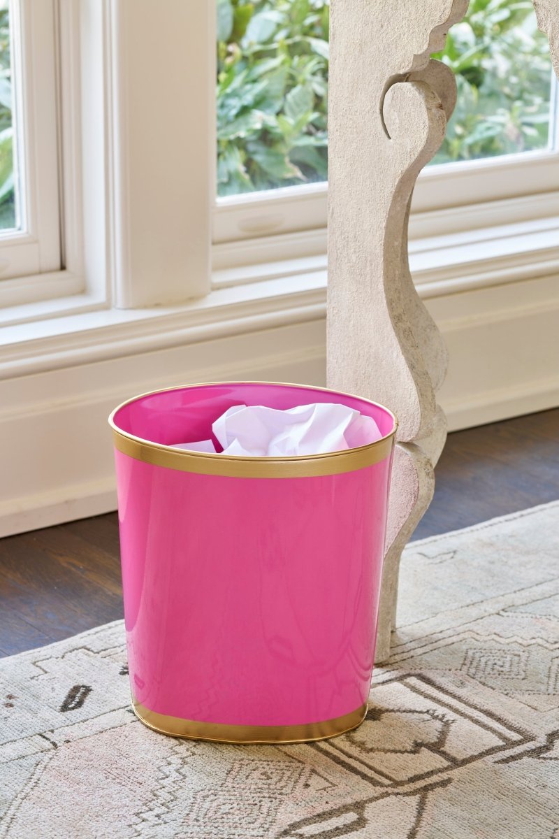 Mattie Pink Oval Metal Garbage Can, Wastebasket, Bathroom Trash Can for Home Office, Bedroom, Vanity - Oval without Lid - Wastebaskets from Jaye's Studio
