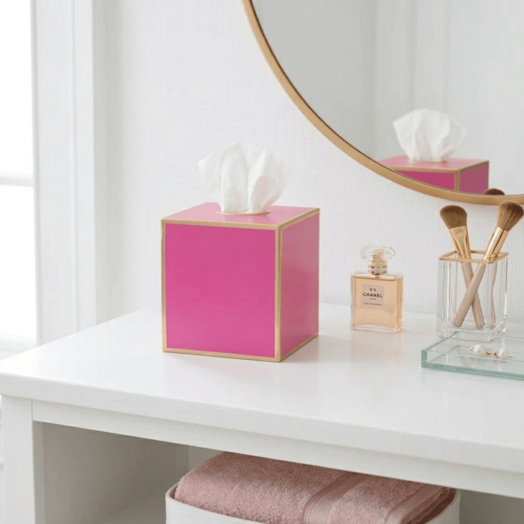 Mattie Pink Square Metal Tissue Box Cover for Bathroom, Vanity, Bedroom, Home Office - Tissue Box Cover from Jaye's Studio